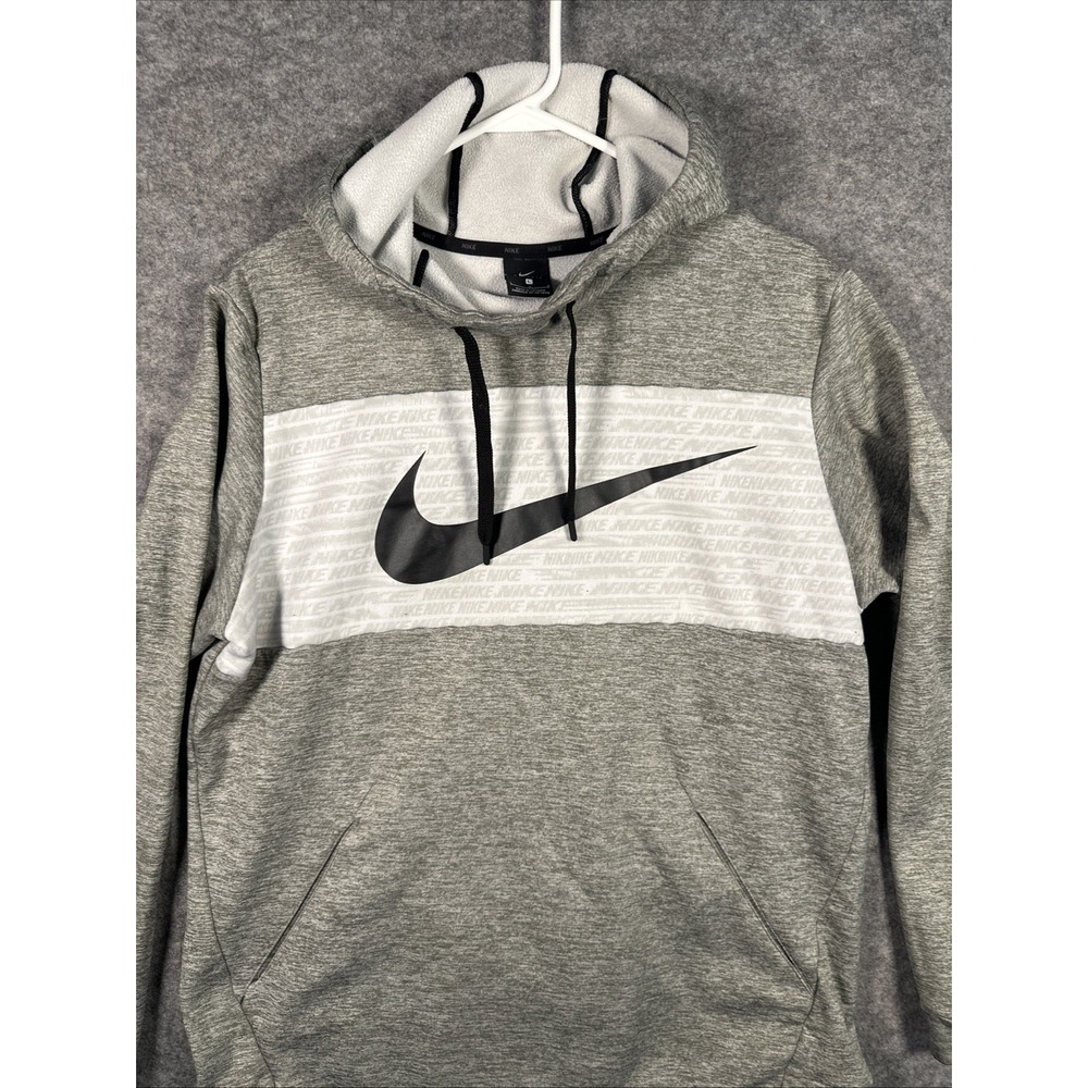 Nike Thermaβ Swoosh Hoodie Dri Fit Men's Size Large Gray Black Swoosh Pullover